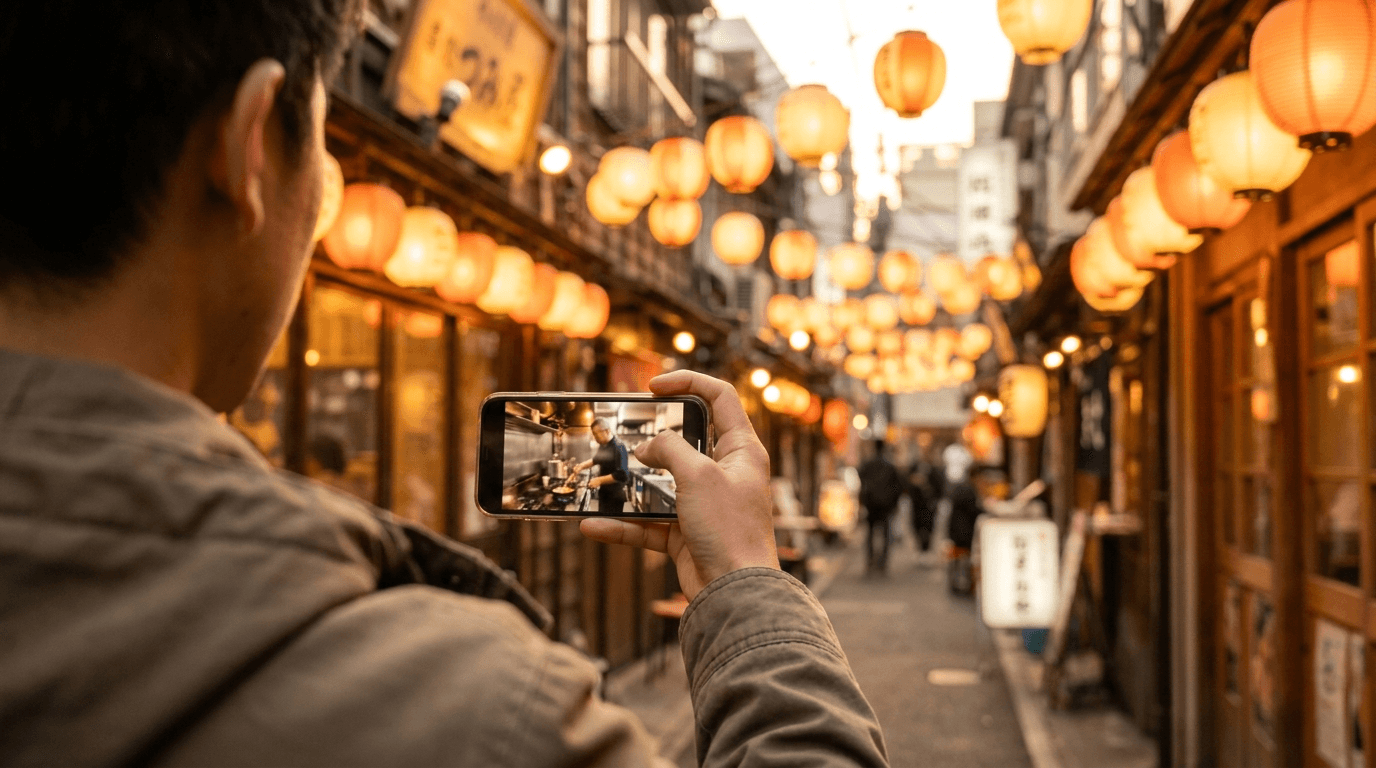 A person filming a video on a phone in a warm lantern-lit Japanese izakaya alley at dusk