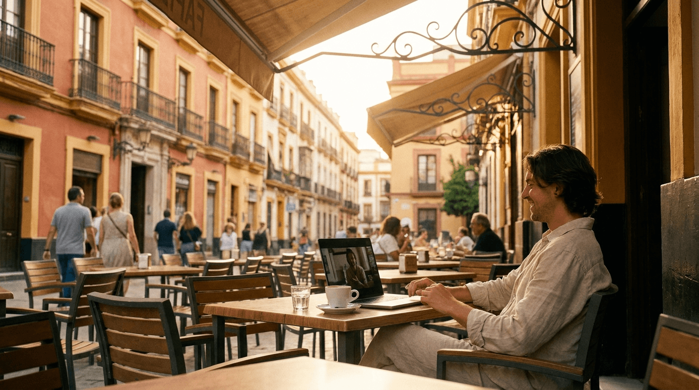 A person watching a video on a laptop at a sunlit café terrace in a Spanish old town