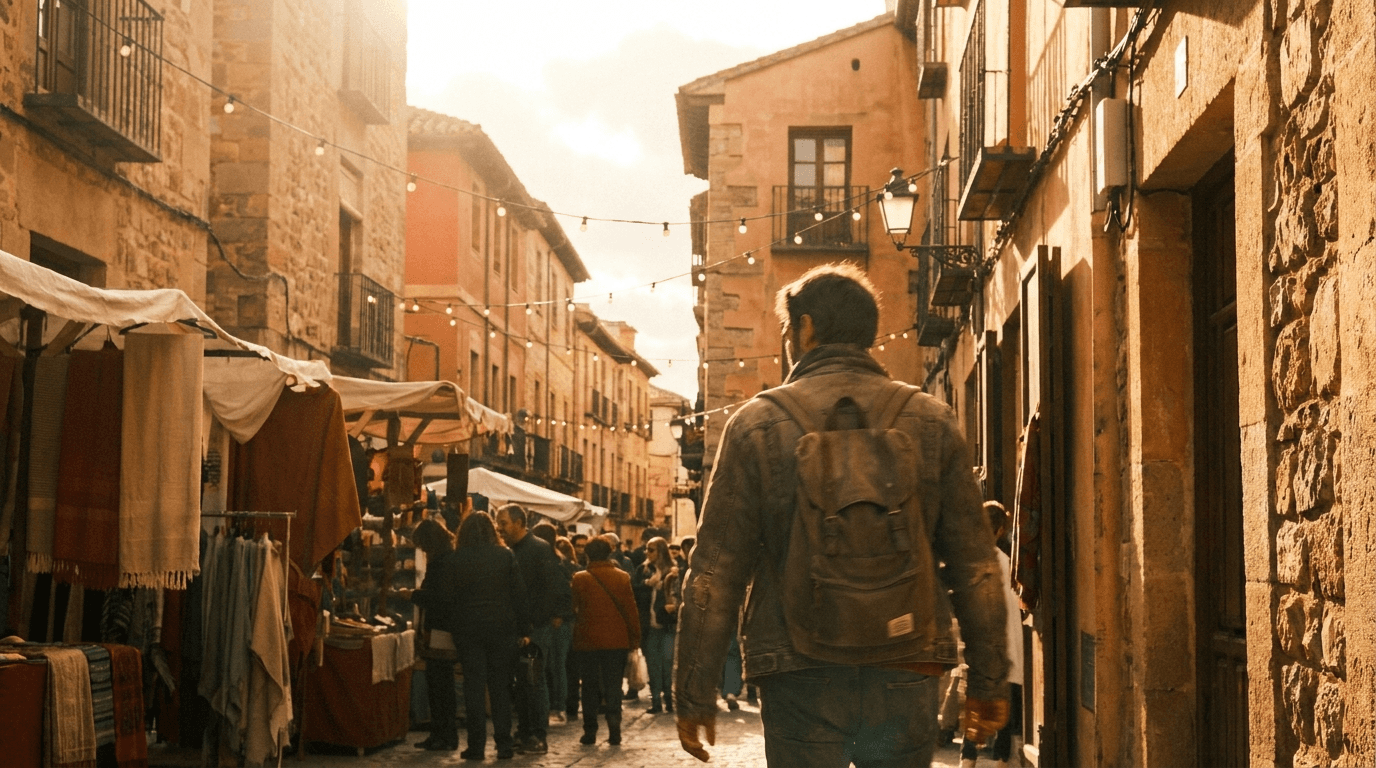 A traveller with a backpack walking through a sunlit Spanish market street at golden hour