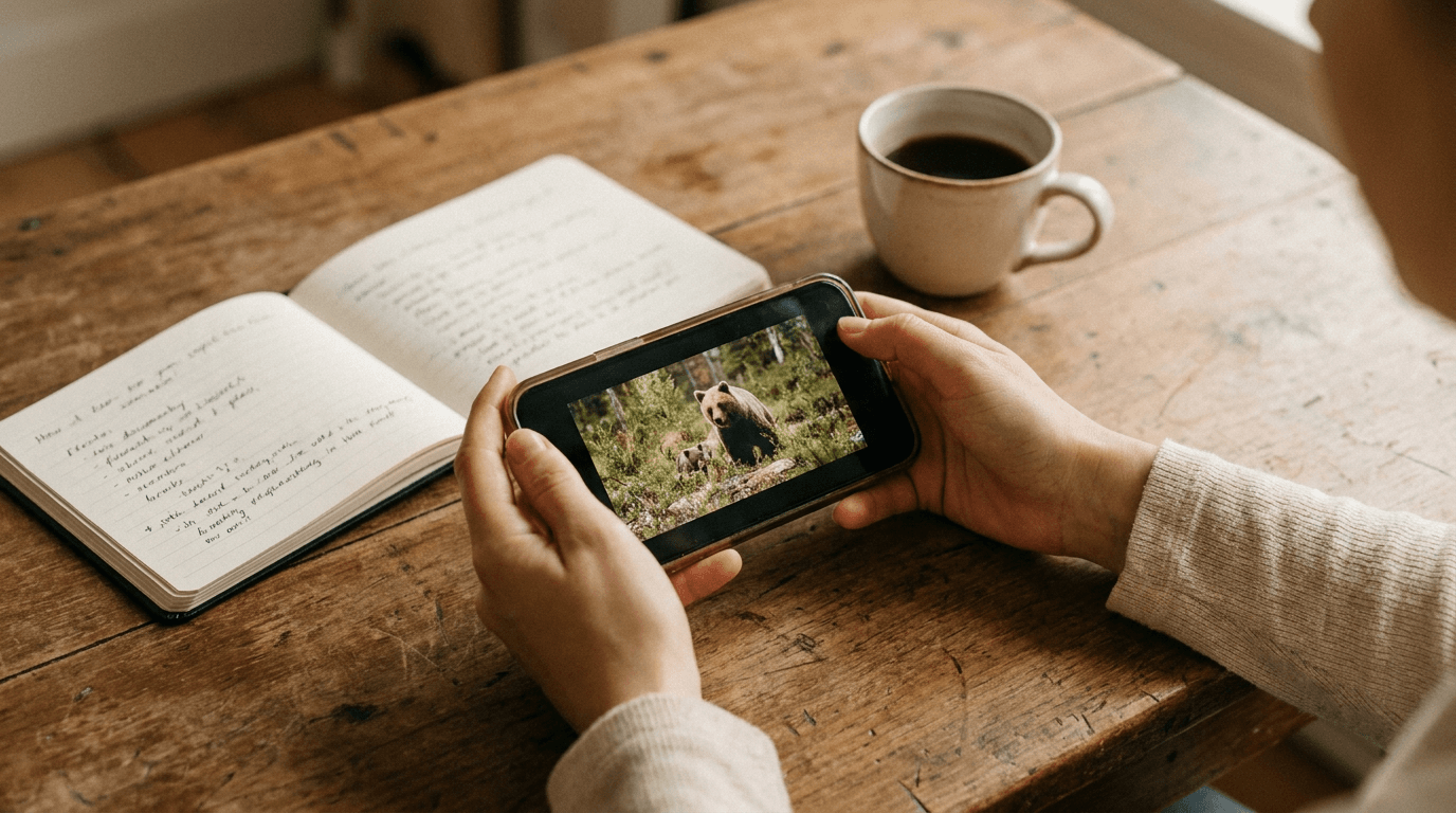 Hands holding a phone playing a video next to an open notebook of handwritten notes and a coffee
